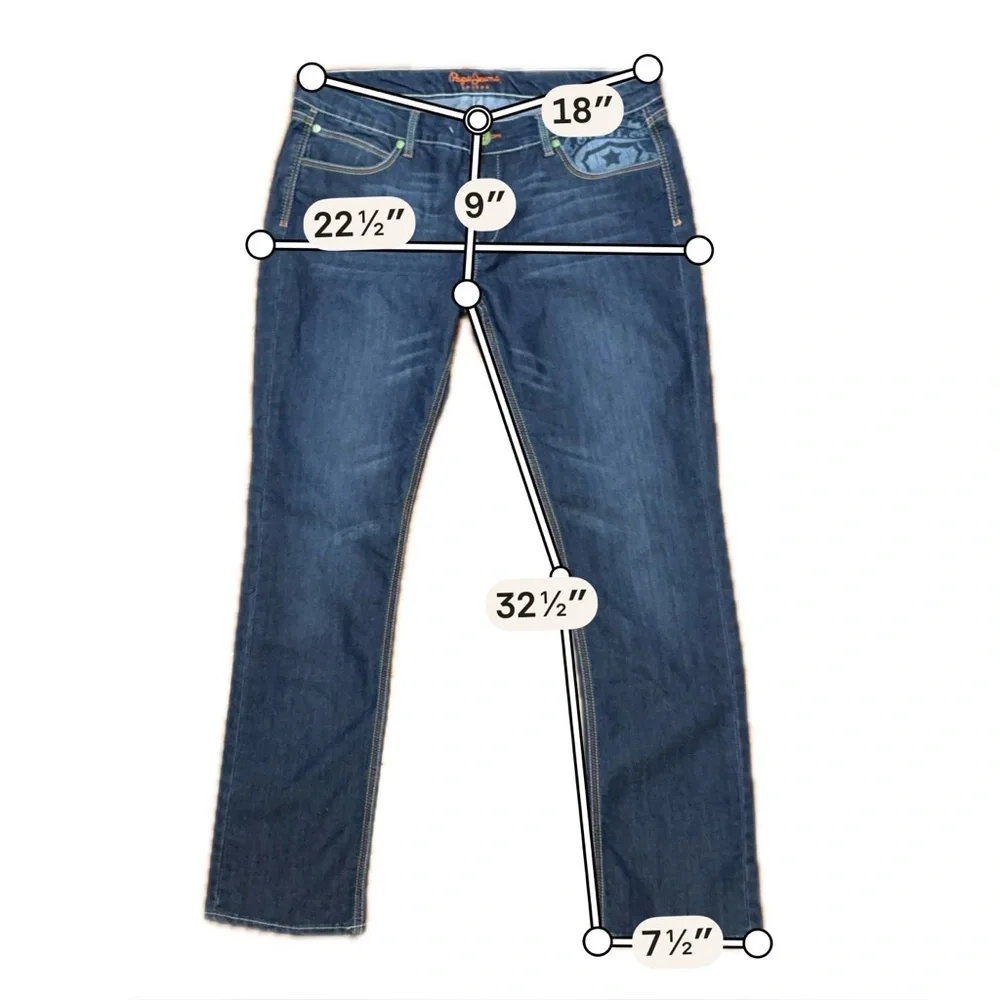 Pepe Jeans Dark Wash Jeans Womens Straight Rose Embroidered 5 Pocket Denim Sz 34